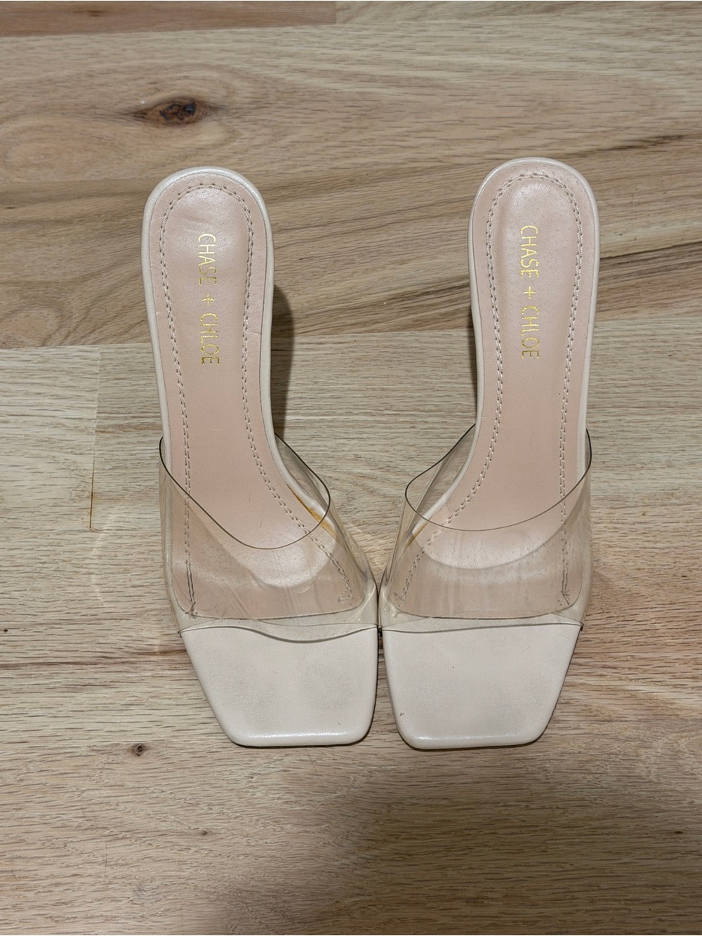 Chase + Chloe Nude Clear Strap Square Toe Slide Mules